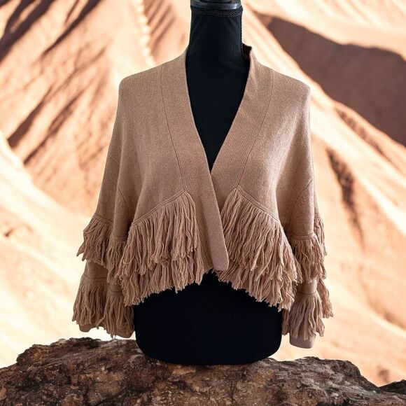 BCBGMAXAZRIA Women’s Tan Fringe Knit Open Front Cardigan Size S - Picture 3 of 7